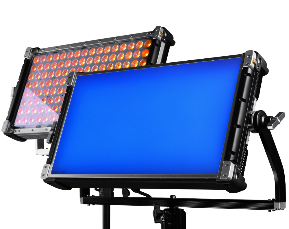 Vortex lighting equipment with blue and orange LED panels on black background for professional photography and film.
